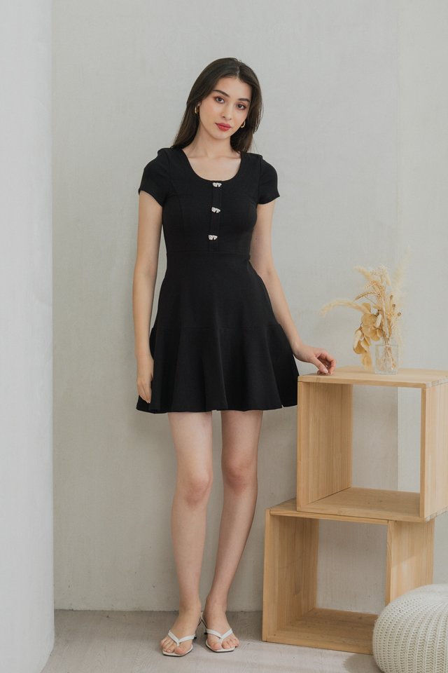 Caspia Ribbon Button Cotton Dress In Black