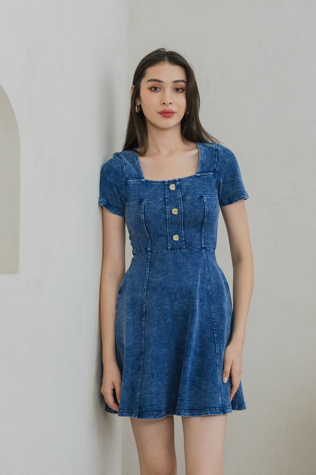 Granger Gold Button Denim Panelled Dress