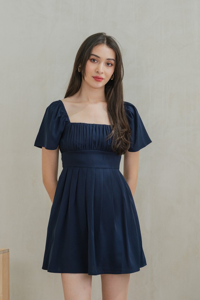 Regine Ruched Pleated Dress Romper In Navy