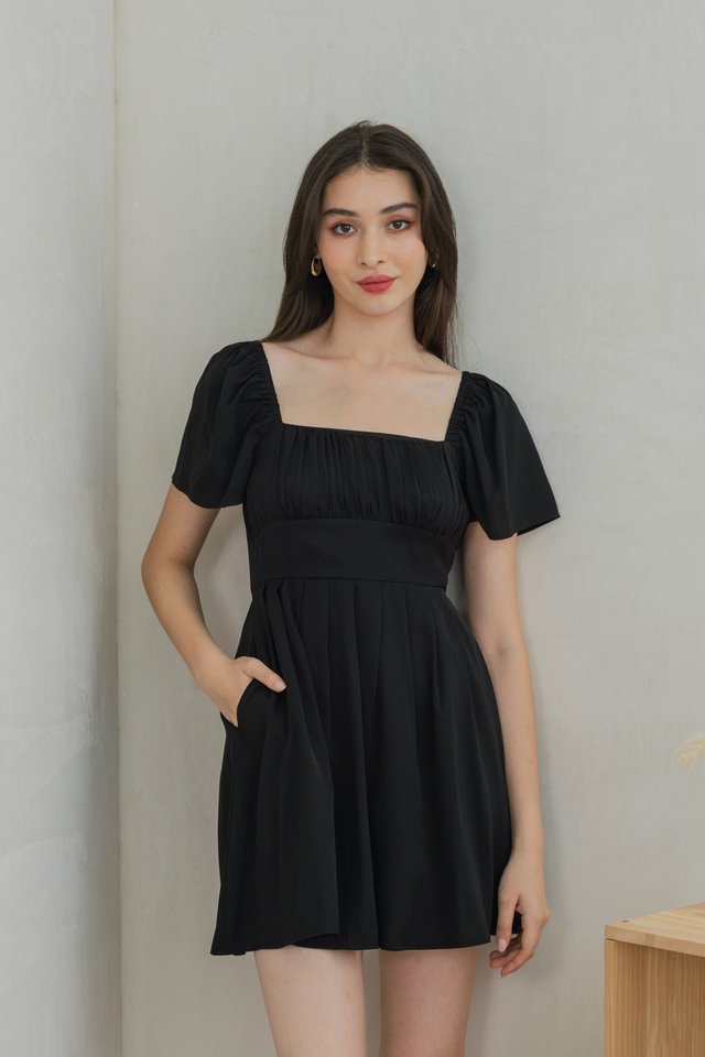 Regine Ruched Pleated Dress Romper In Black