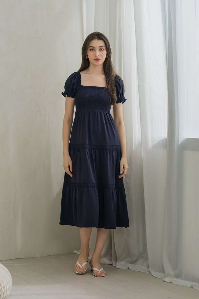 Coco Smocked Crochet Tiered Midi Dress In Navy