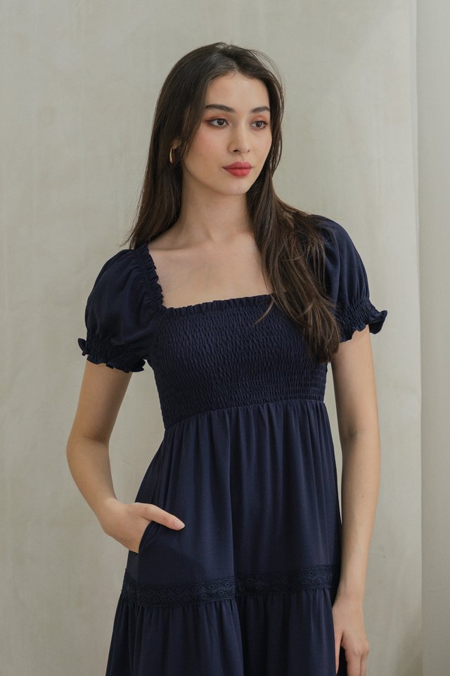 Coco Smocked Crochet Tiered Midi Dress In Navy