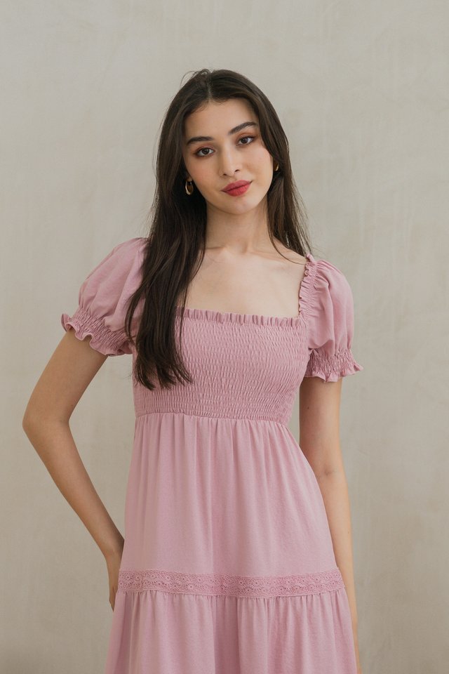 Coco Smocked Crochet Tiered Midi Dress In Pink