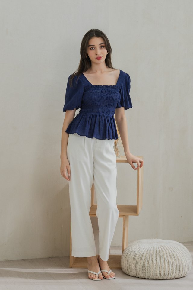 Salvia Textured Smocked Top In Navy