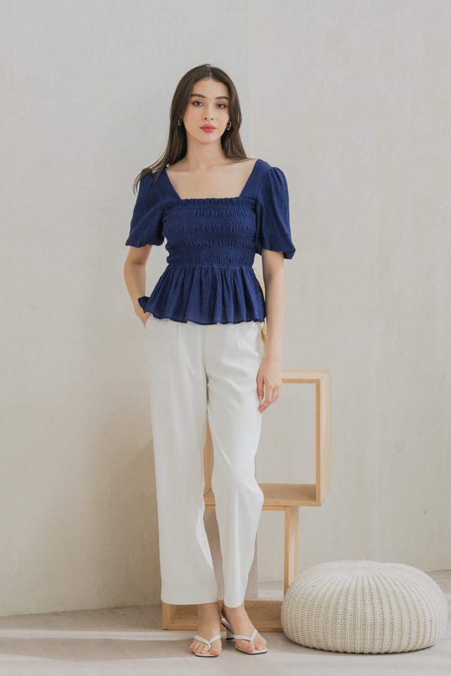 Salvia Textured Smocked Top In Navy