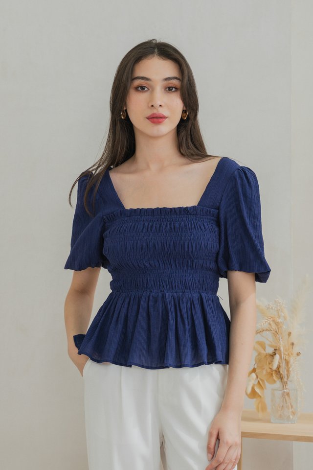 Salvia Textured Smocked Top In Navy
