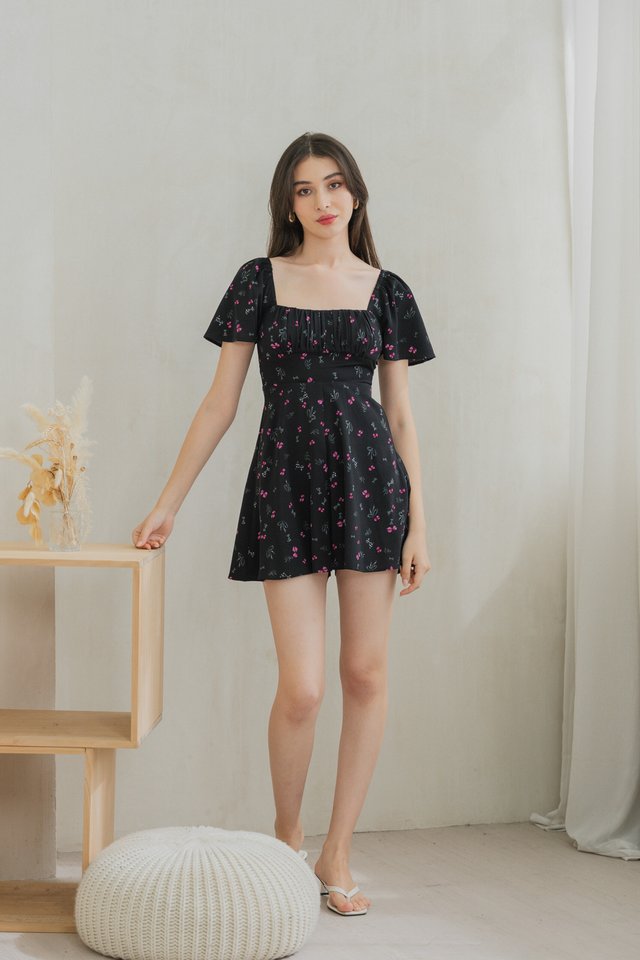 Freesia Ribbon Printed Ruched Romper