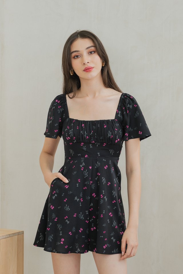 Freesia Ribbon Printed Ruched Romper