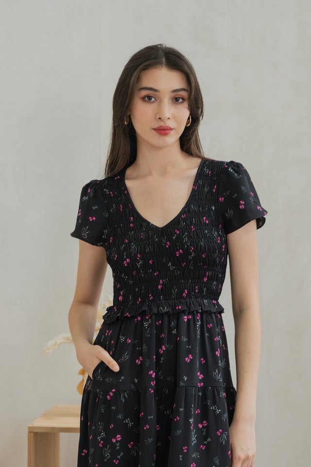 Freesia Ribbon Printed Smocked Midi Dress