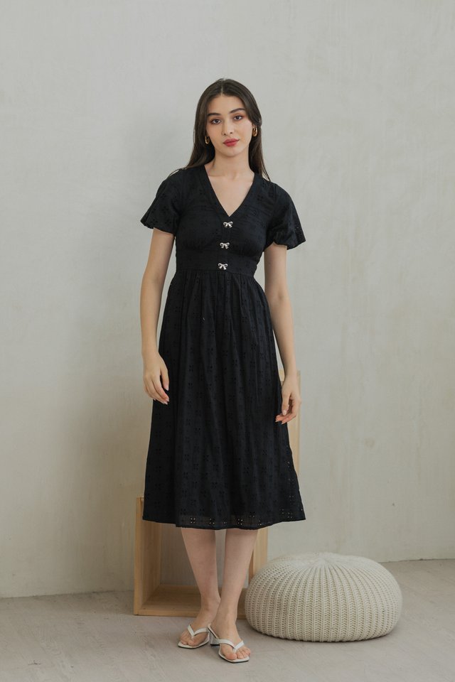 Eunice Ribbon Button Eyelet Midi Dress In Black
