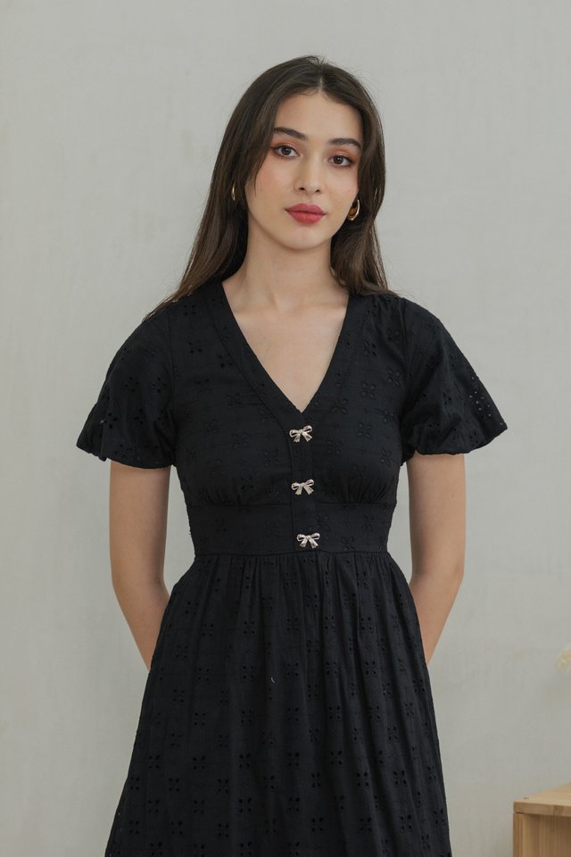 Eunice Ribbon Button Eyelet Midi Dress In Black