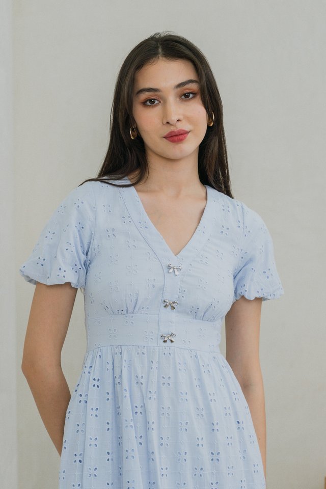 Eunice Ribbon Button Eyelet Midi Dress In Blue