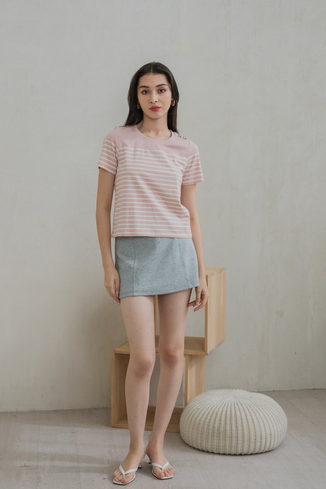 Berlin Striped Ribbon Button Tee In Pink