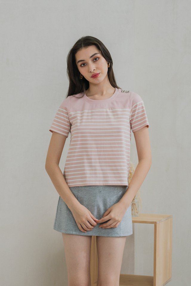 Berlin Striped Ribbon Button Tee In Pink
