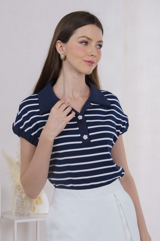 Fable Striped Floral Button Shirt In Navy