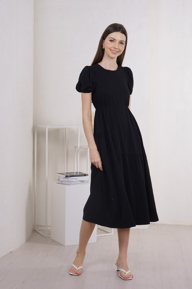 Meave Puff Sleeves Midi Dress In Black
