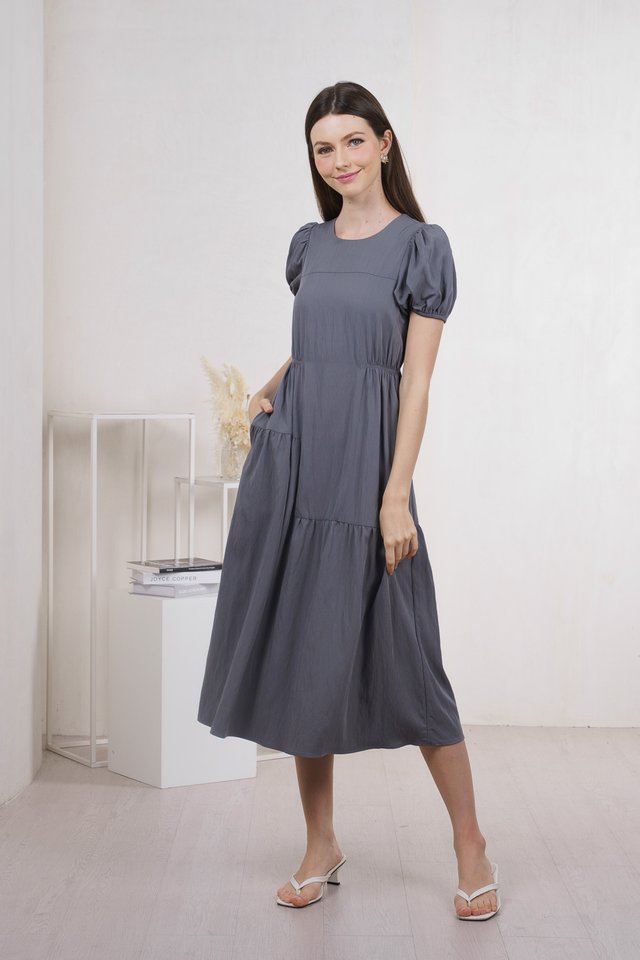 Meave Puff Sleeves Midi Dress In Gunmetal