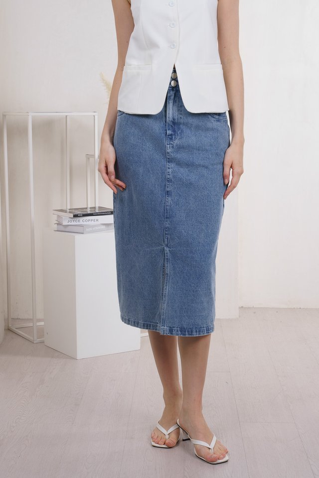 Dottie Duo Button Denim Midi Skirt