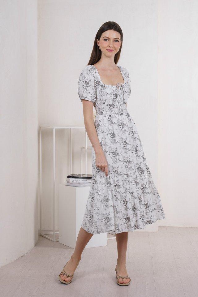 Roslin Floral Smocked Waist Maxi Dress In Grey