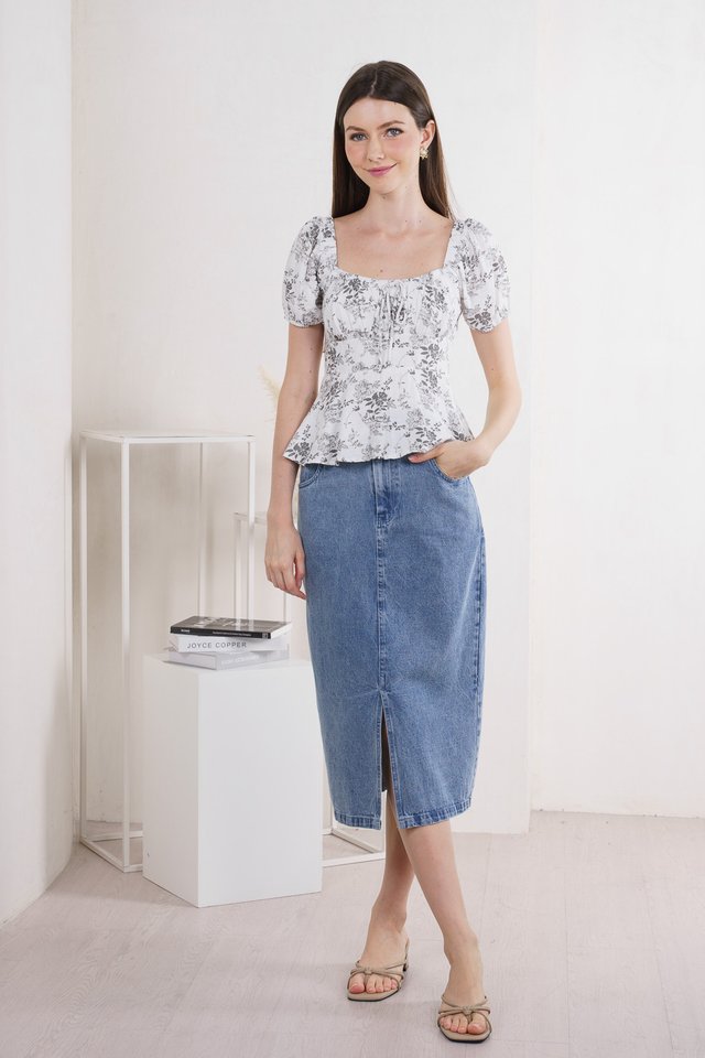 Roslin Floral Ruched Ribbon Top In Grey