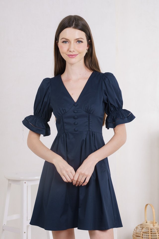 Freida Flounce Sleeve Button Dress In Navy