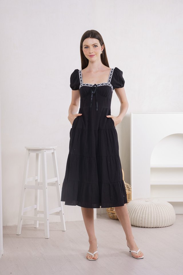 Estonia Ribbonette Tiered Midi Dress In Black