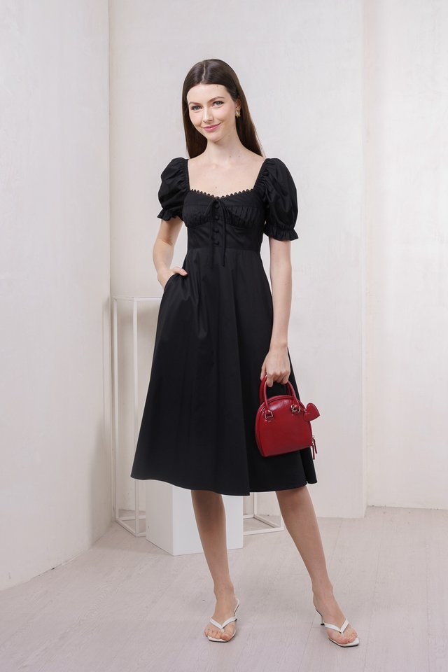 Prism Pleated Crochet Midi Dress In Black