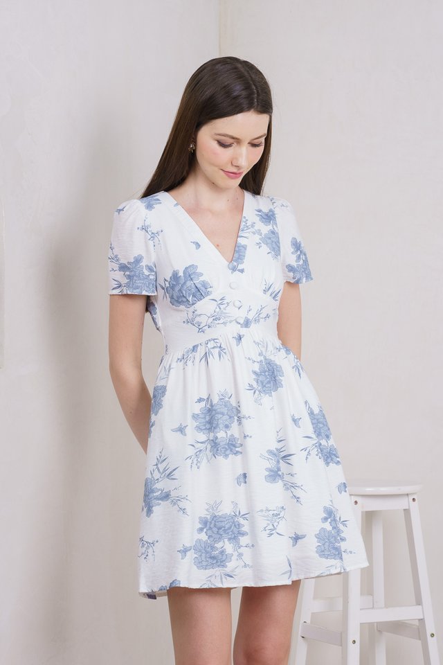 Eternity Floral V Neck Button Dress In Blue