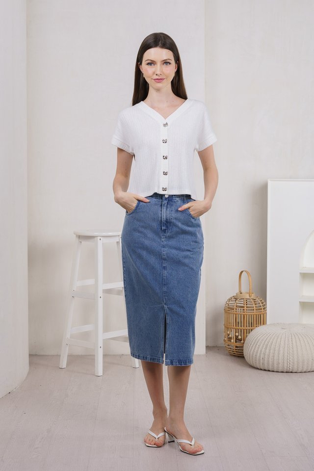 Kamri Ribbon Button Knit Top In White