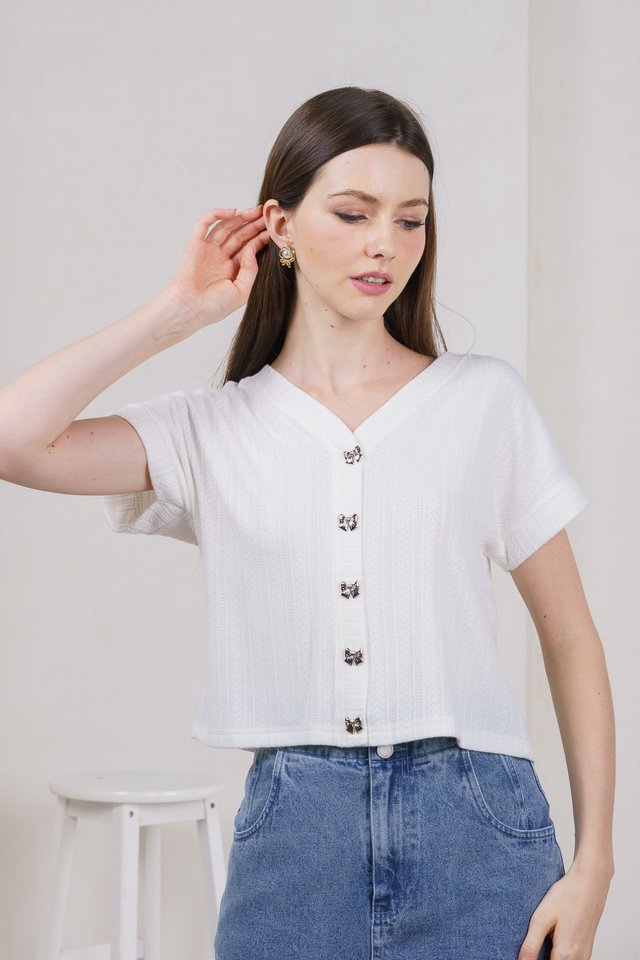 Kamri Ribbon Button Knit Top In White