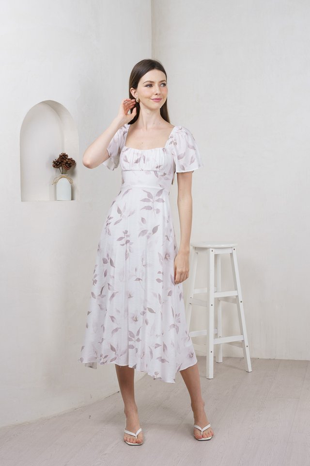 Oasis Printed Ruched Midi Dress In Grey