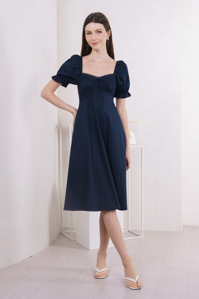 Prism Pleated Crochet Midi Dress In Navy