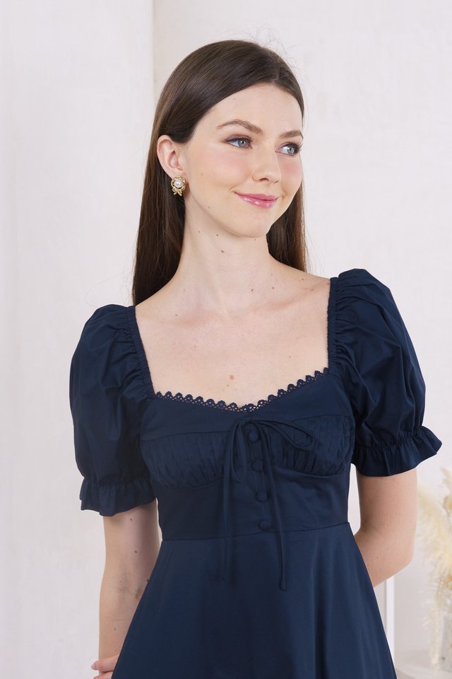 Prism Pleated Crochet Midi Dress In Navy