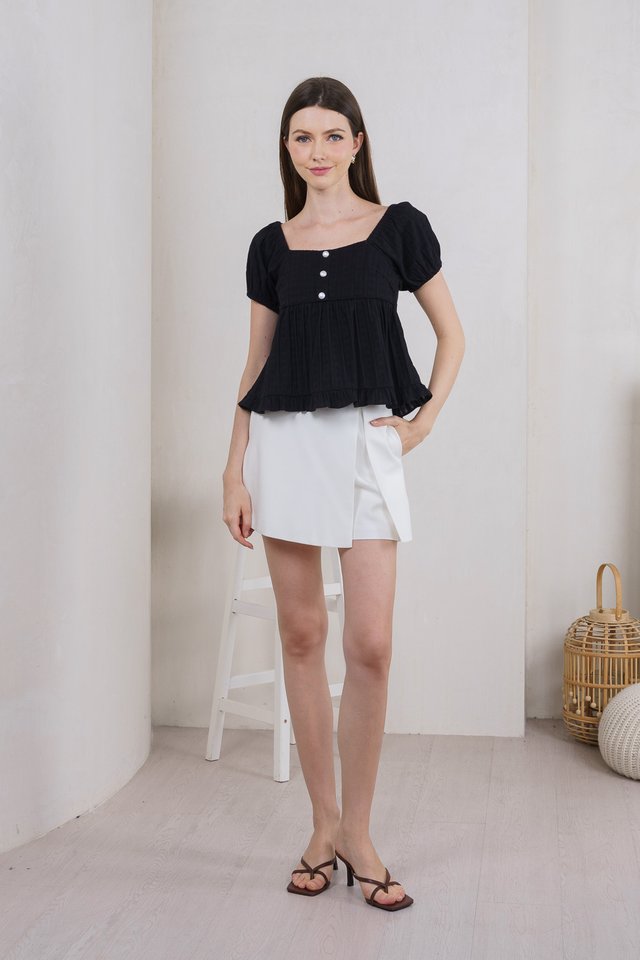 Purity Broidery Pearl Button Top In Black
