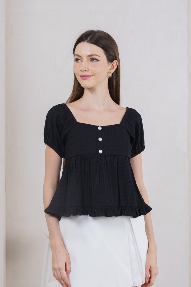 Purity Broidery Pearl Button Top In Black