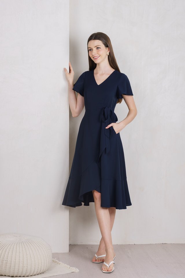 Rylan Faux Tie Wrap Midi Dress In Navy