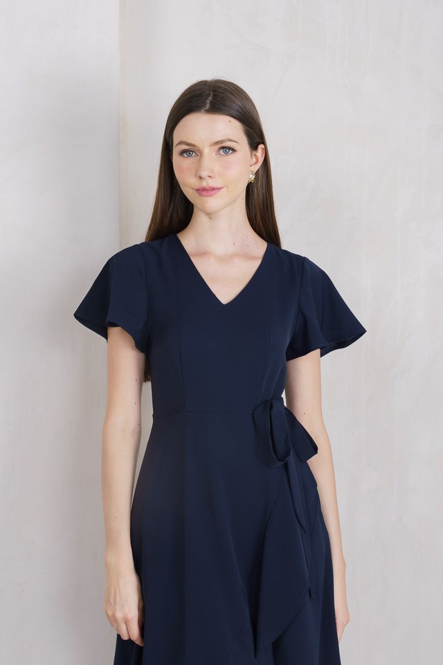 Rylan Faux Tie Wrap Midi Dress In Navy