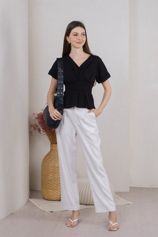 Wanda Faux Wrap Ruched Top In Black