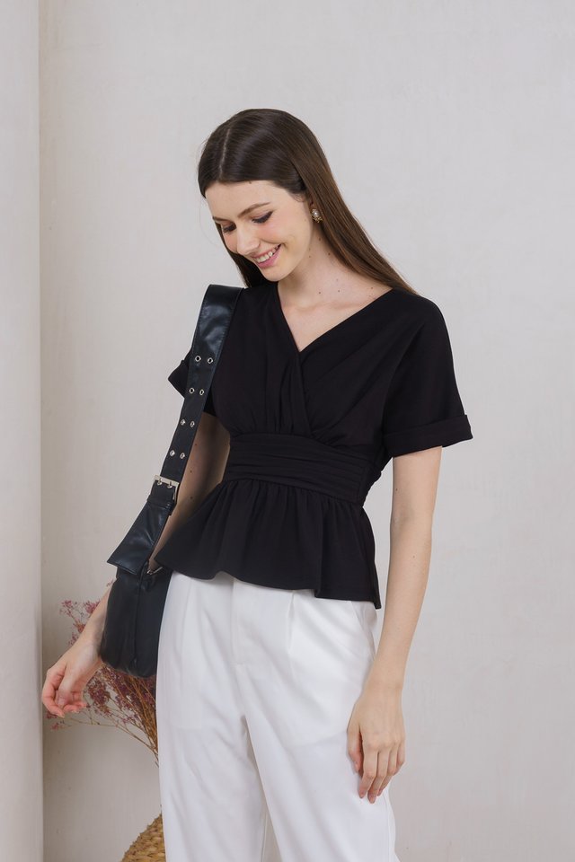 Wanda Faux Wrap Ruched Top In Black