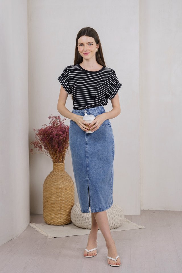 Courtney Striped Cotton Tee In Black