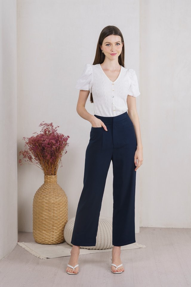 Marleen Mixed Fabric Eyelet Knit Top In White