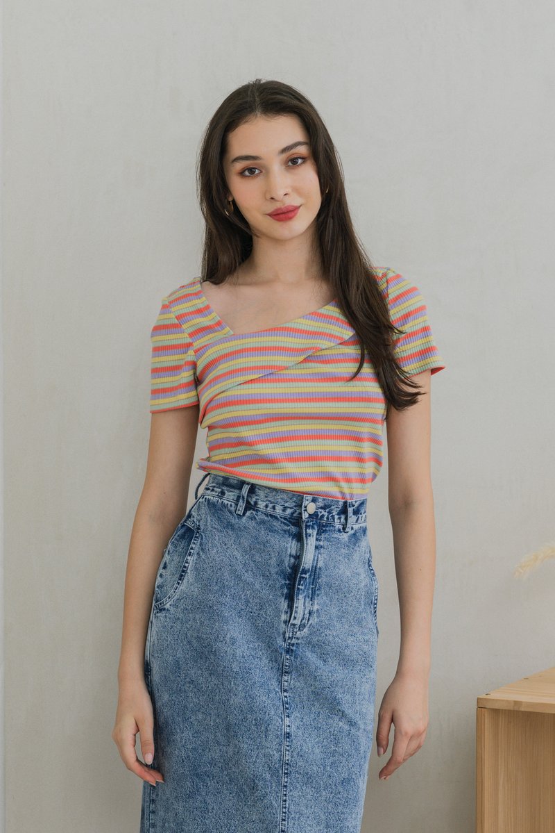 Rainbow One Shoulder Striped Top In Yellow (XS)