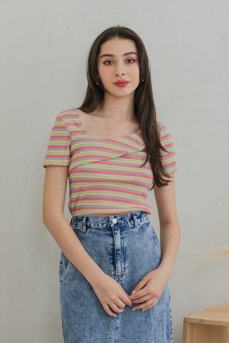 Rainbow One Shoulder Striped Top In Yellow (XS)