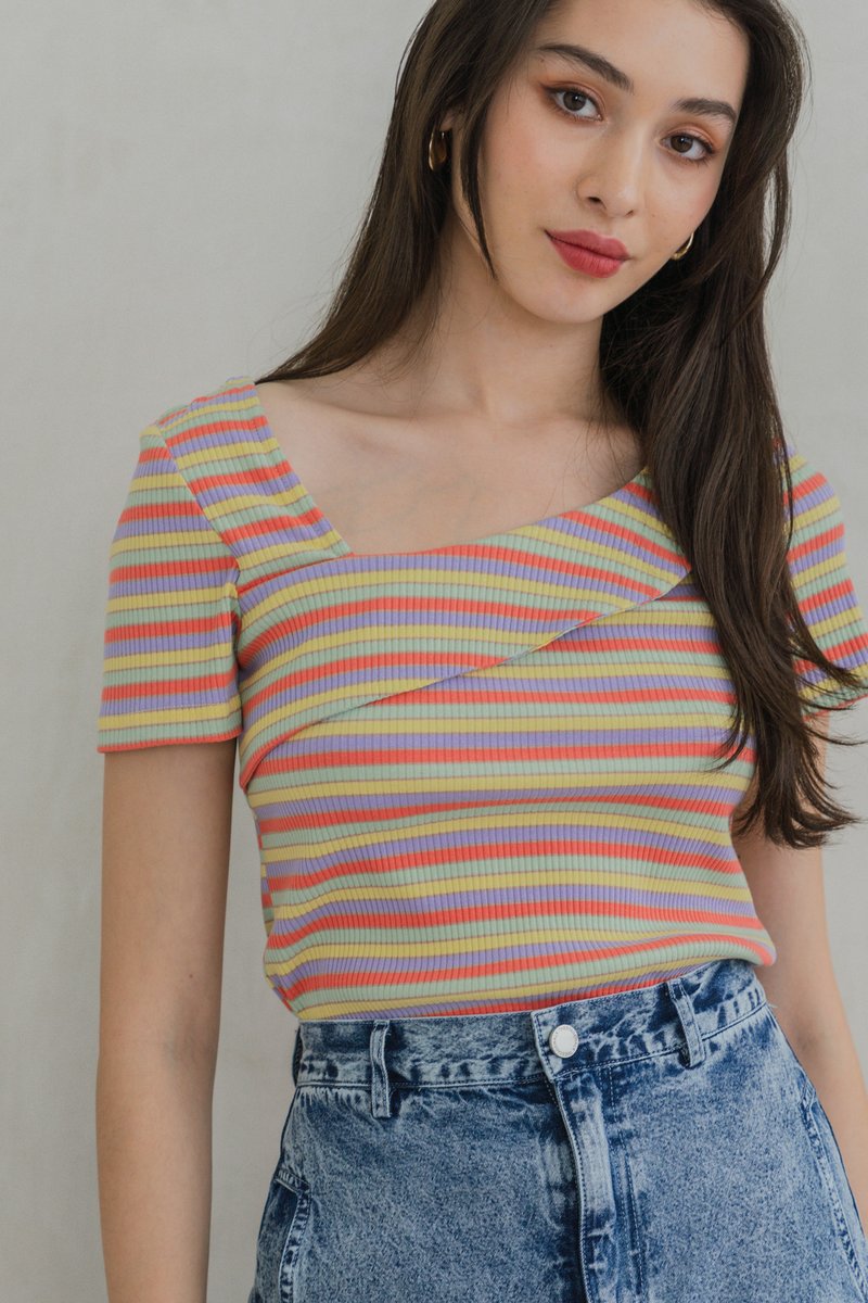 Rainbow One Shoulder Striped Top In Yellow (XS)