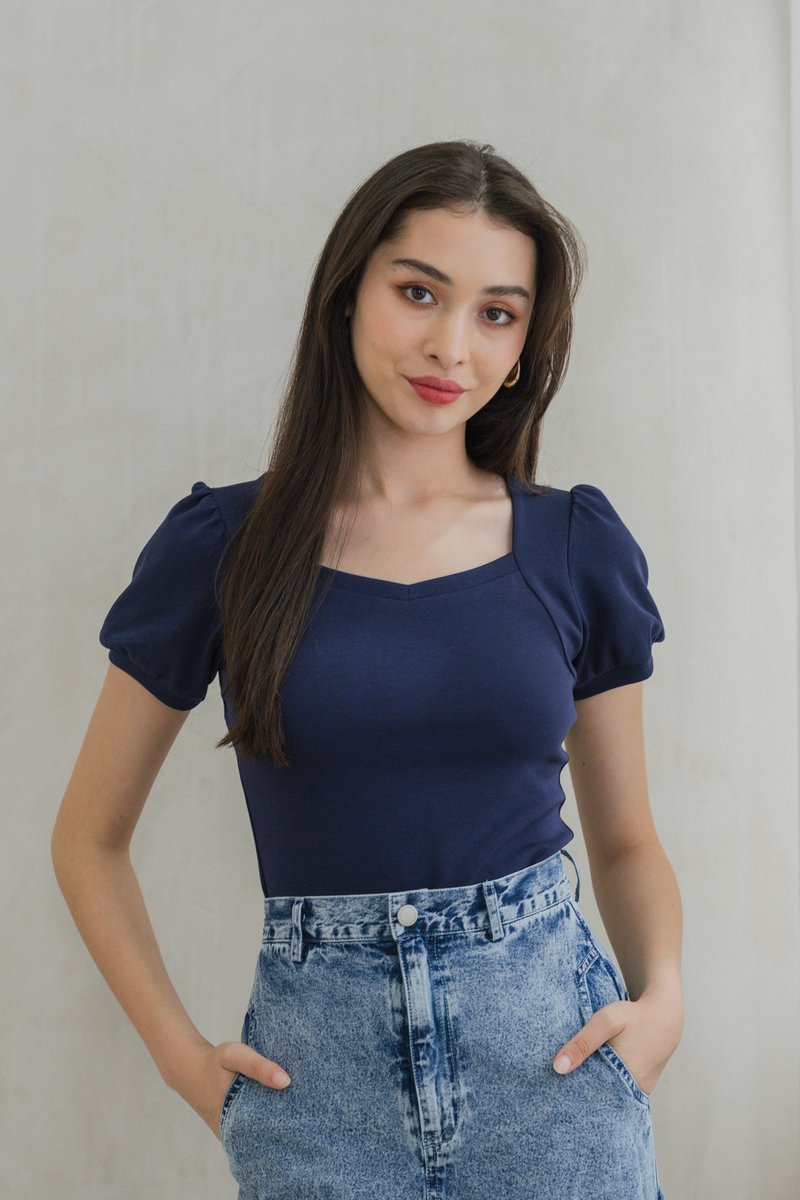 Katnis Cotton Puff Sleeves Top In Navy (XS)