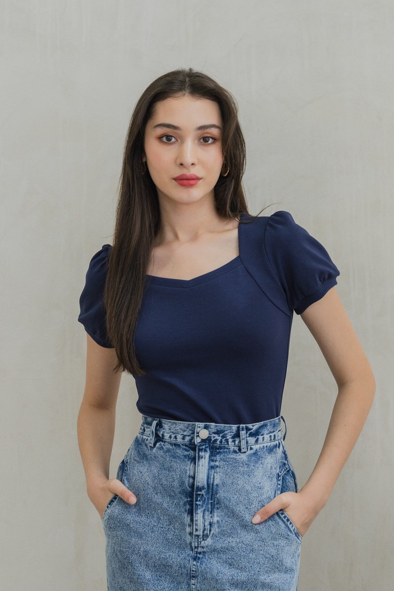 Katnis Cotton Puff Sleeves Top In Navy (XS)