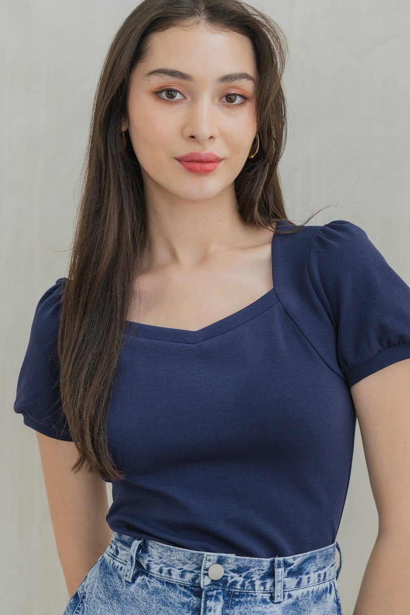 Katnis Cotton Puff Sleeves Top In Navy (XS)