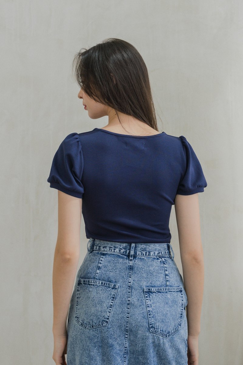 Katnis Cotton Puff Sleeves Top In Navy (XS)