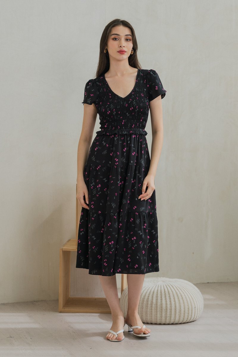 Freesia Ribbon Printed Smocked Midi Dress (XS)