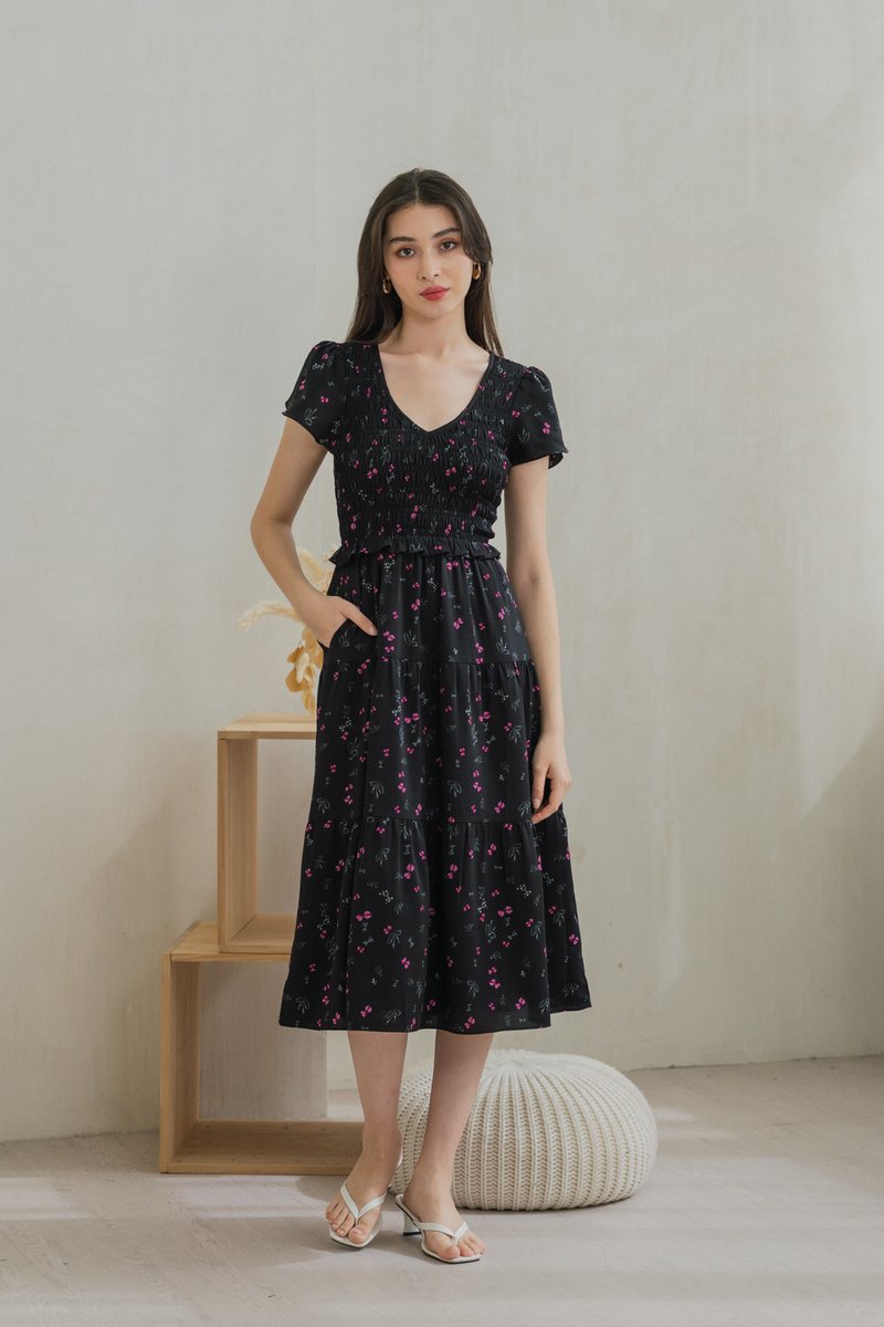 Freesia Ribbon Printed Smocked Midi Dress (XS)
